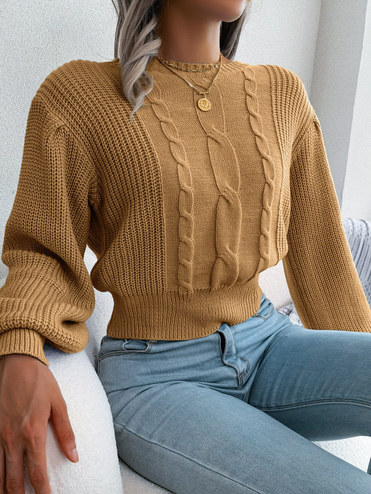 Women Casual Cable Knit Lantern Sleeve Cinched Sweater