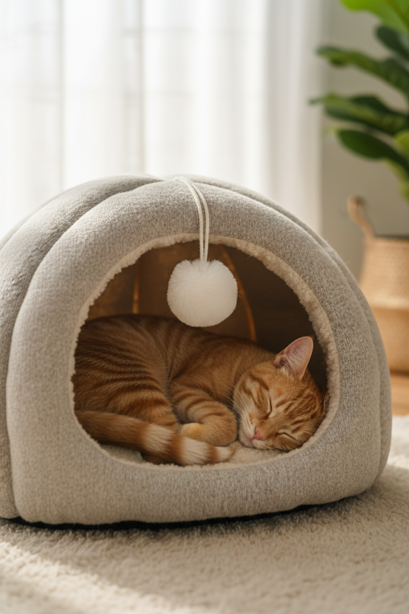 Orange tabby cat sleeping inside beige dome arch cat cave lifestyle photo