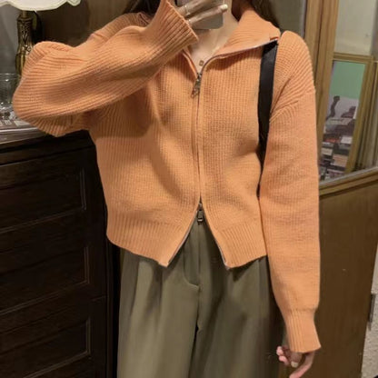 Sweater Small Cardigan Women's Short Preppy Style Stand Collar Zipper Sweater Spring And Autumn Thin Sweater