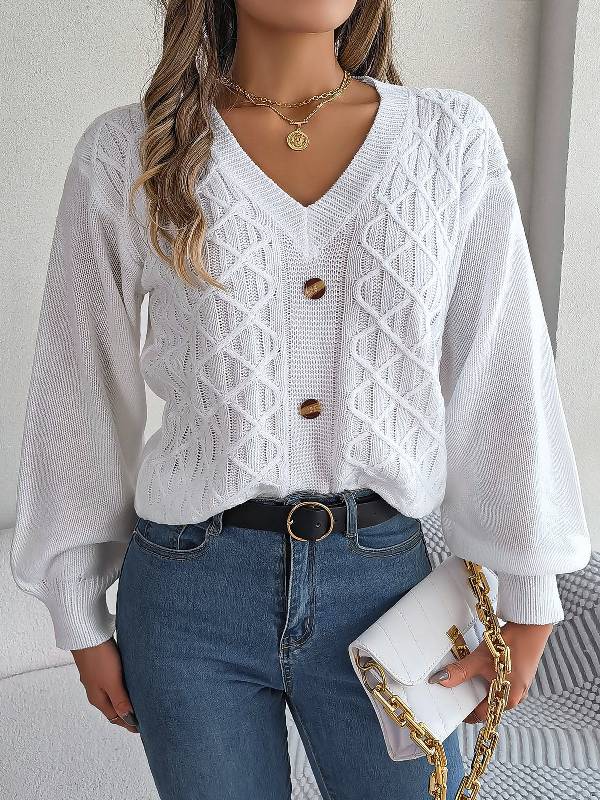 Women Casual Button Cable Knit Lantern Sleeve Pullover Sweater
