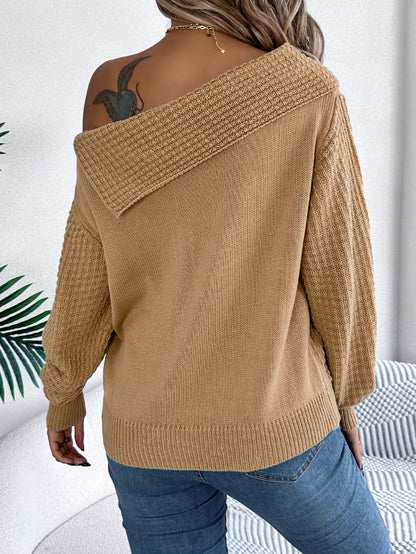 Women Casual Sexy Lapel Off-Shoulder Cable Knit Long Sleeve Pullover Sweater