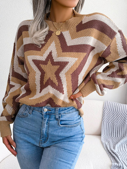Women Fashion Color Block Star Long Sleeve Pullover Sweater