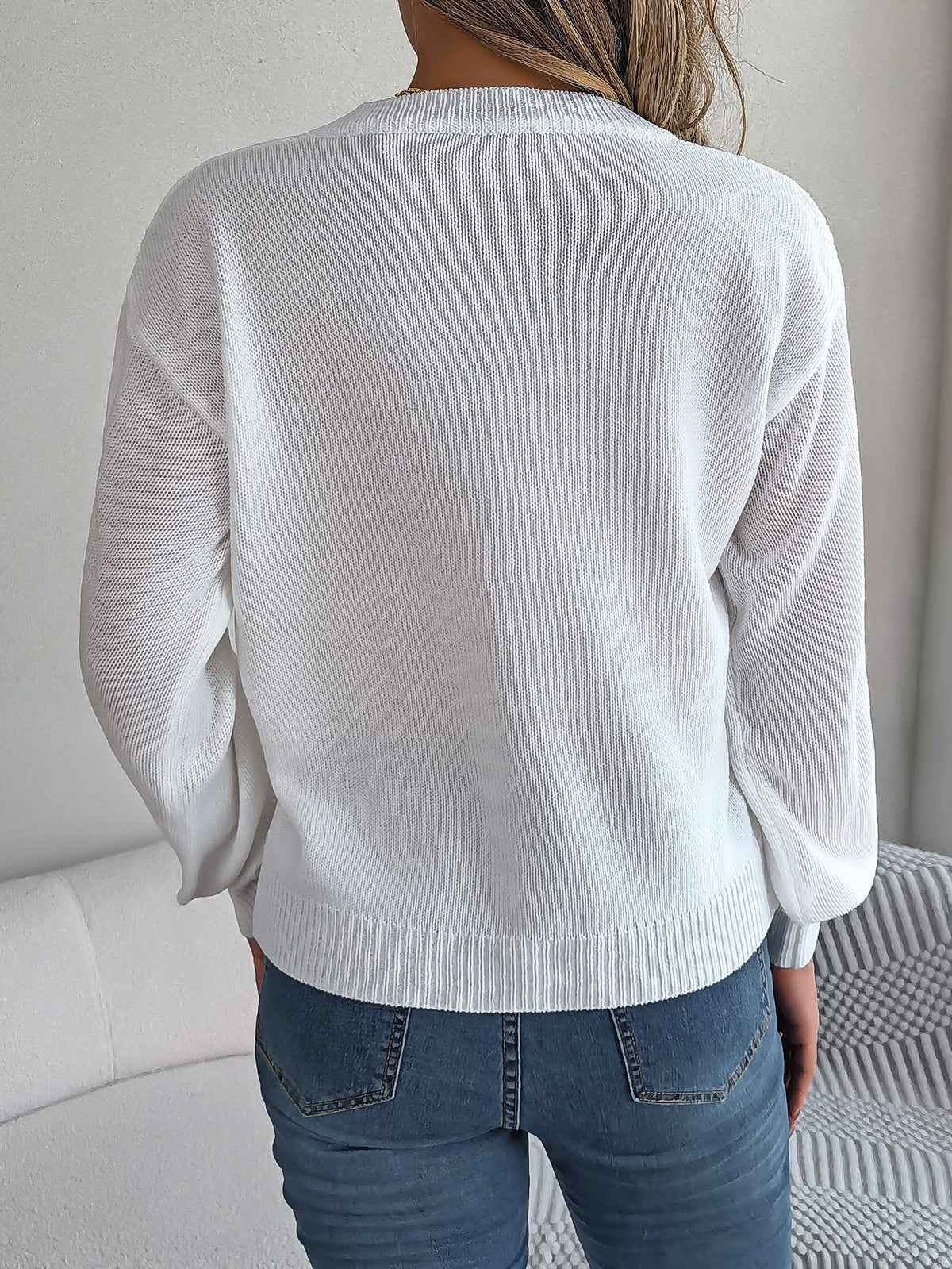 Women Casual Button Cable Knit Lantern Sleeve Pullover Sweater