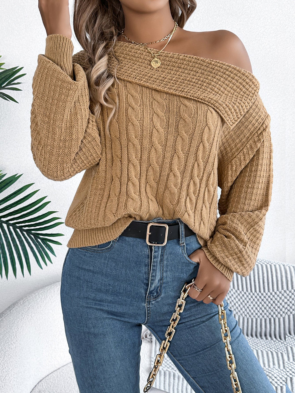 Women Casual Sexy Lapel Off-Shoulder Cable Knit Long Sleeve Pullover Sweater