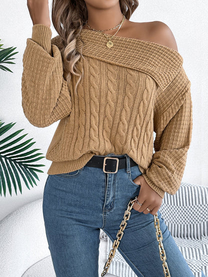 Women Casual Sexy Lapel Off-Shoulder Cable Knit Long Sleeve Pullover Sweater