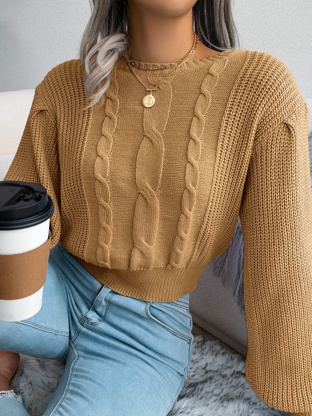 Women Casual Cable Knit Lantern Sleeve Cinched Sweater