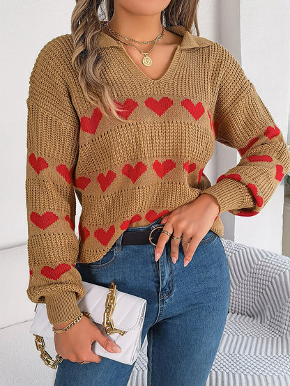 Women Casual V-Neck Lantern Sleeve Color Block Heart Pullover Sweater