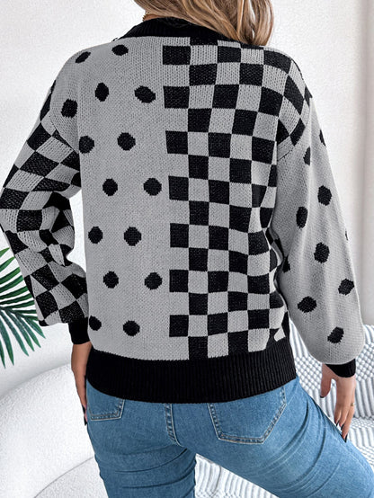 Women Casual Color Block Polka Dot Plaid Lantern Sleeve Pullover Sweater