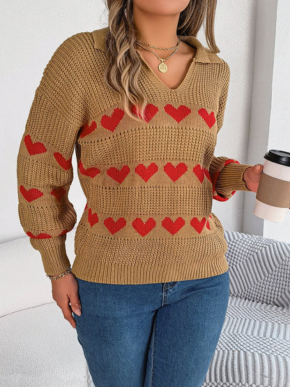 Women Casual V-Neck Lantern Sleeve Color Block Heart Pullover Sweater