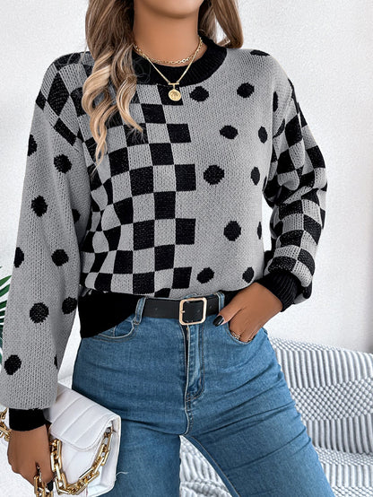 Women Casual Color Block Polka Dot Plaid Lantern Sleeve Pullover Sweater