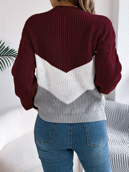 Women Casual Color Block Cable Knit Lantern Sleeve Pullover Sweater