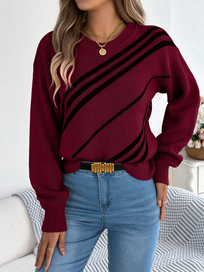 Women Casual Striped Round Neck Lantern Sleeve Long Sleeve Pullover Sweater