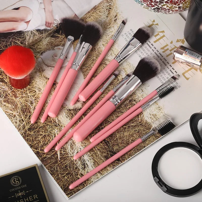 12Pcs/Sets Eye Shadow Foundation Eyebrow Lip Brush cosmetics Makeup Brushes Tool Leather Cup Holder Case Kit