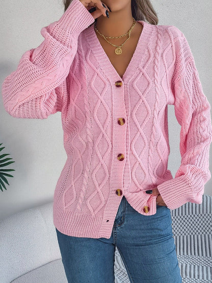 Women Casual V-Neck Lantern Sleeve Cable Knit Button Cardigan Sweater