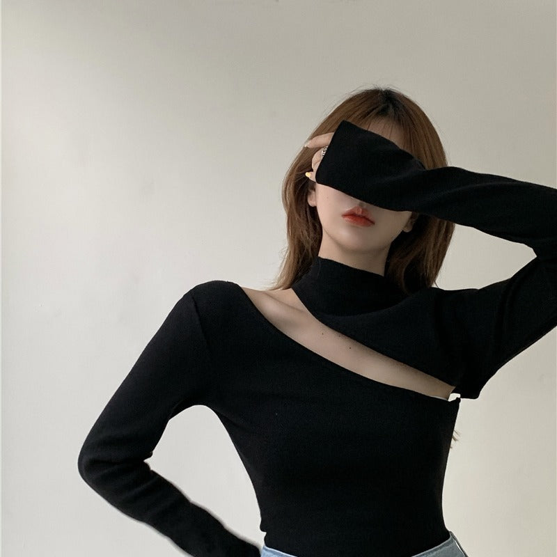 Real shot hollowed out sweater women''s autumn thin style with underlay and exposed collar bone top