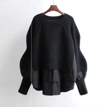 Europe Station Autumn And Winter Women Sweater Splicing Shirt Fake Two-piece Set Of Women Foreign Style Knitted Top Fashion Wholesale