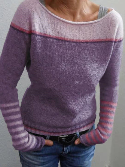 Contrasting Color Sweater Casual Loose Solid Color Striped Sweater