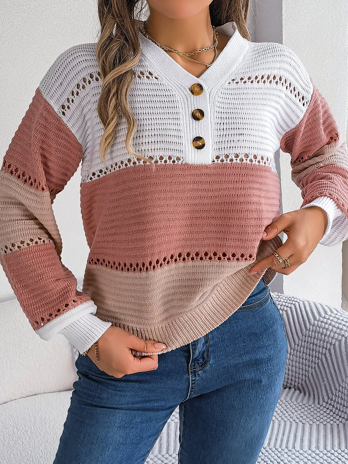 Women Casual Button V-Neck Hollow Out Color Block Lantern Sleeve Pullover Sweater