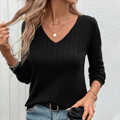 European And American Fall Women's Clothing Sunken Stripe V-neck Black Sweater For Women