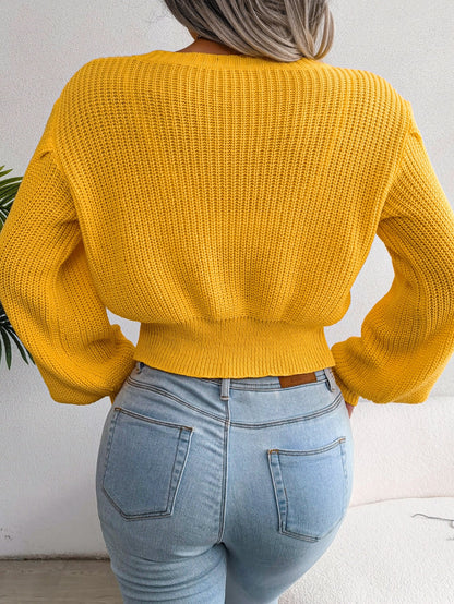 Women Casual Cable Knit Lantern Sleeve Cinched Sweater