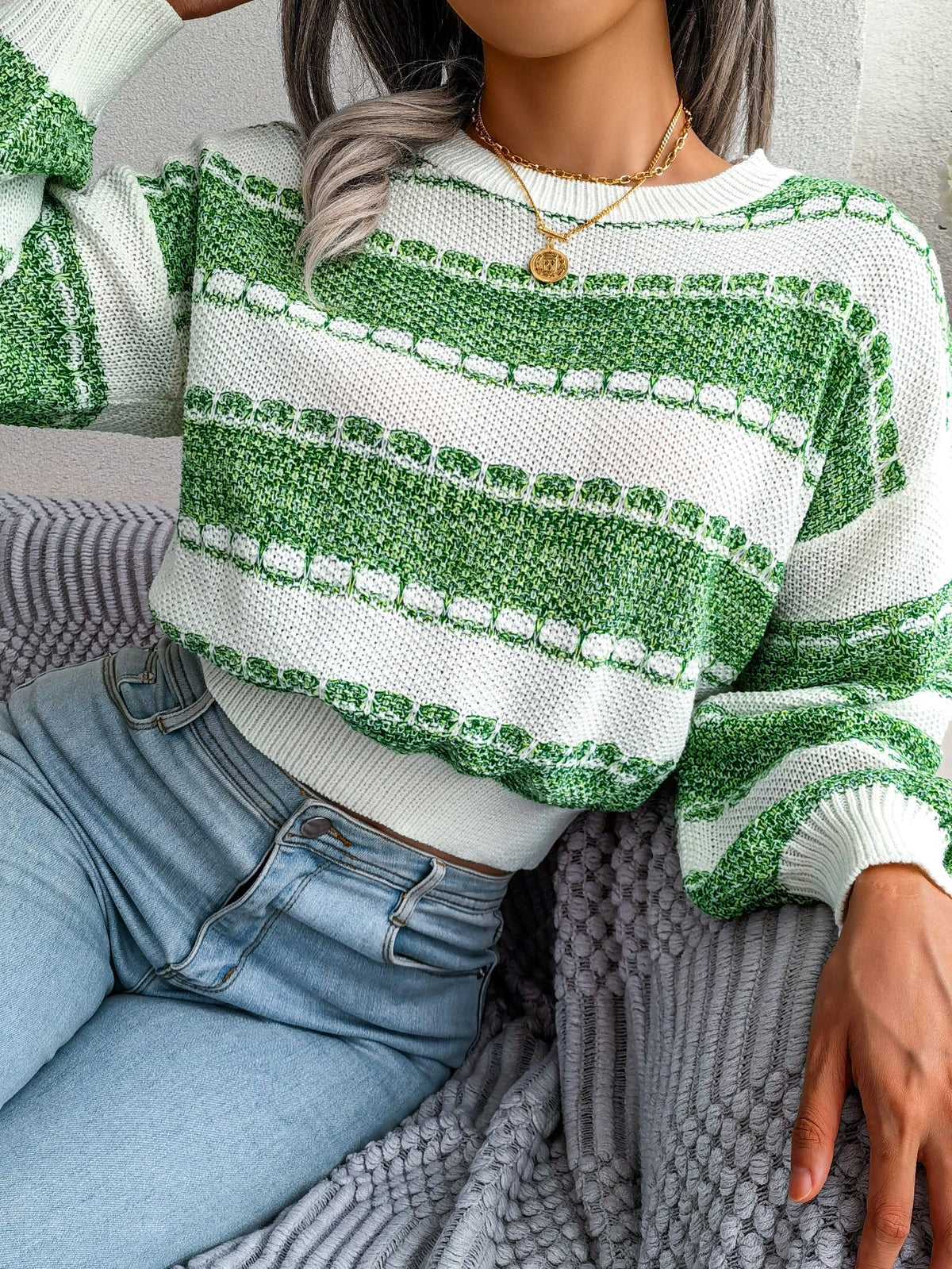 Women Fashion Color Block Long Sleeve Knit Sweater