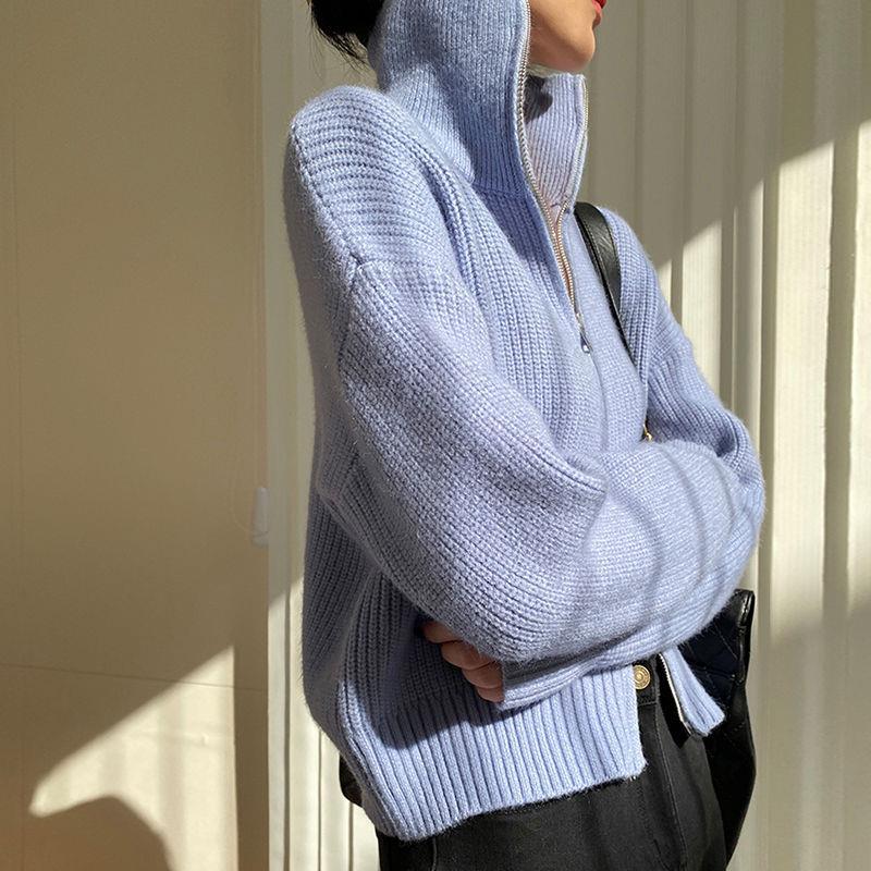 Sweater Small Cardigan Women's Short Preppy Style Stand Collar Zipper Sweater Spring And Autumn Thin Sweater