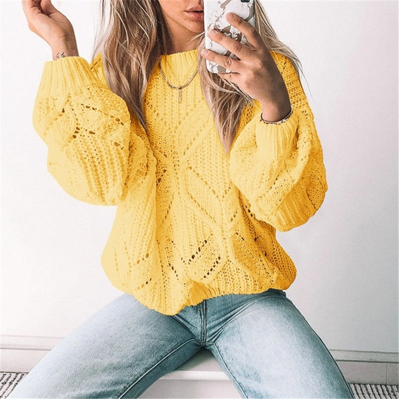 Women's Irregular Hollow-Out V-Neck Long Sleeve Sweater