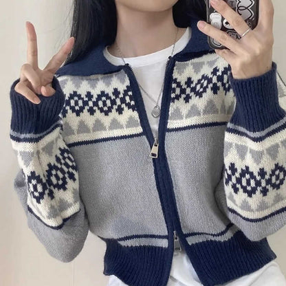 Lapel Contrast Color Jacquard Long Sleeve Zipper Sweater Coat For Women