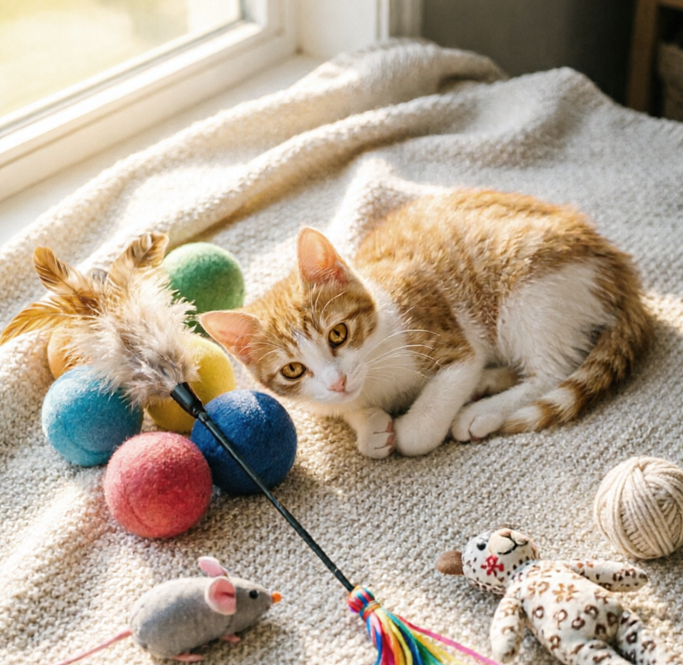 Cat playing with colorful toys on a soft surface near a window