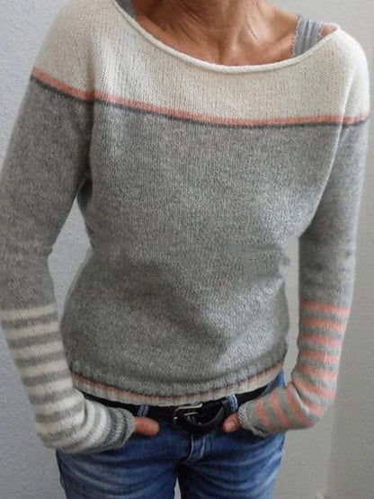 Contrasting Color Sweater Casual Loose Solid Color Striped Sweater