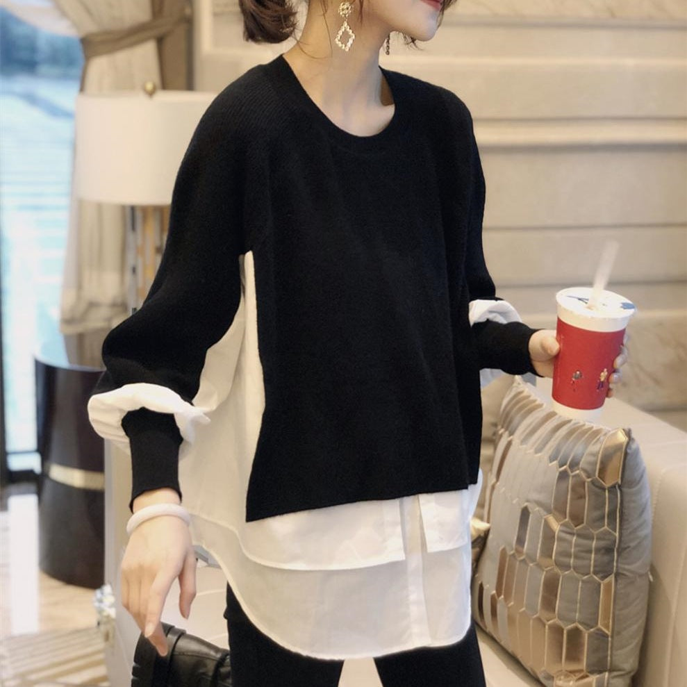 Europe Station Autumn And Winter Women Sweater Splicing Shirt Fake Two-piece Set Of Women Foreign Style Knitted Top Fashion Wholesale