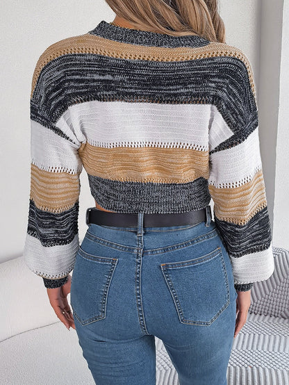 Women Casual Color Block Lantern Sleeve Cropped Pullover Sweater