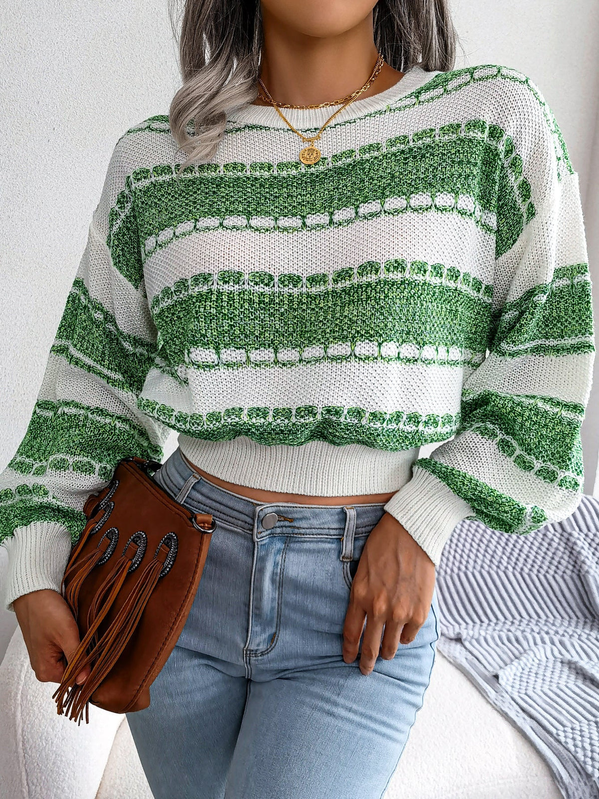 Women Fashion Color Block Long Sleeve Knit Sweater