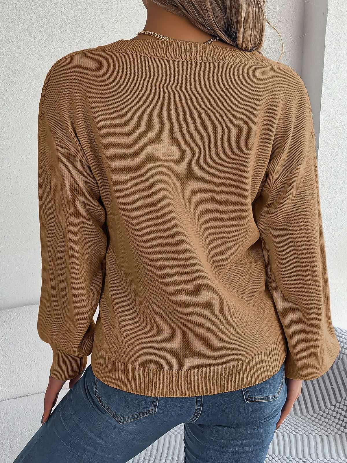 Women Casual Button Cable Knit Lantern Sleeve Pullover Sweater