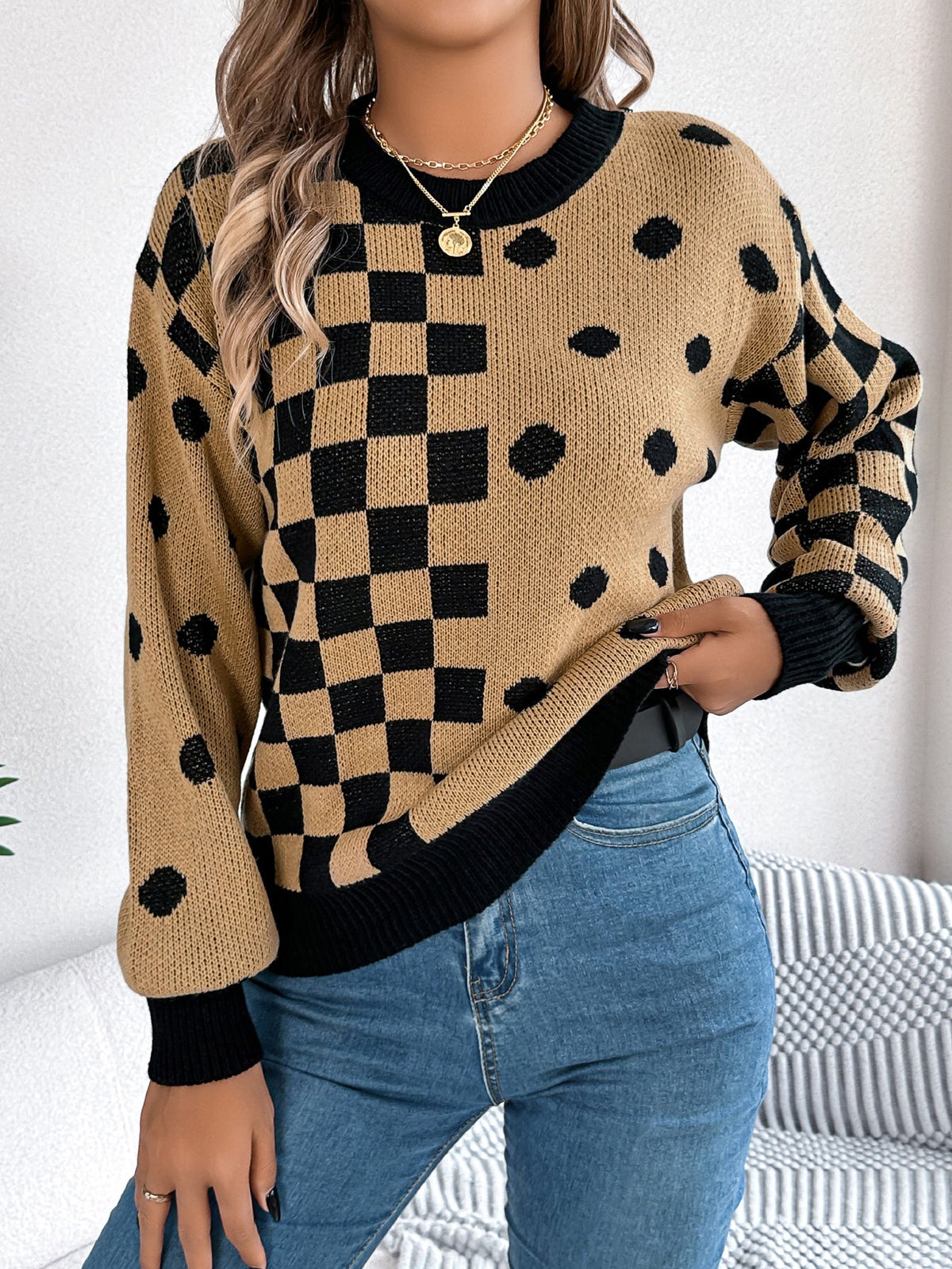 Women Casual Color Block Polka Dot Plaid Lantern Sleeve Pullover Sweater