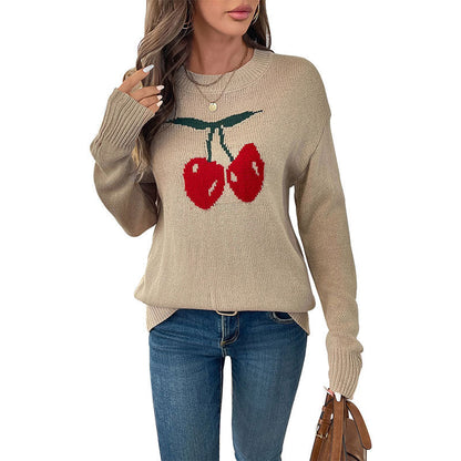 Round neck loose cherry jacquard pattern knitted sweater for women