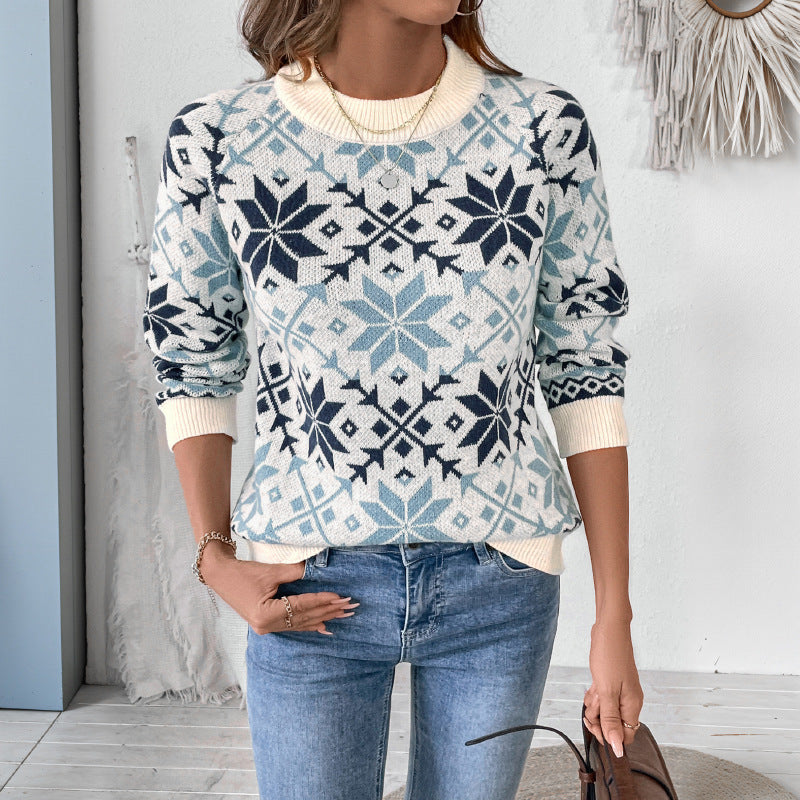 Long sleeved round neck snowflake geometric pattern sweater