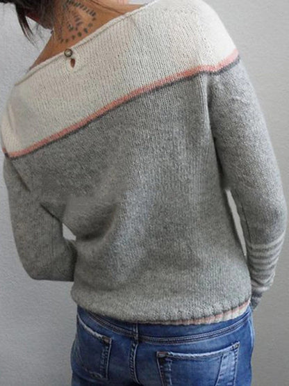 Contrasting Color Sweater Casual Loose Solid Color Striped Sweater