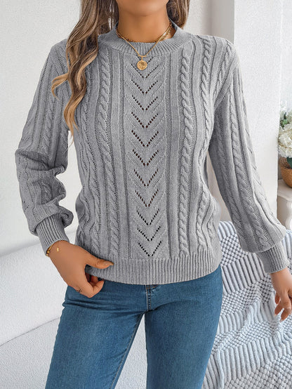 Women Casual Solid Color Hollow Out Lantern Sleeve Pullover Sweater
