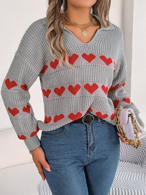 Women Casual V-Neck Lantern Sleeve Color Block Heart Pullover Sweater