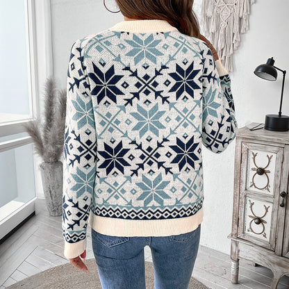 Long sleeved round neck snowflake geometric pattern sweater