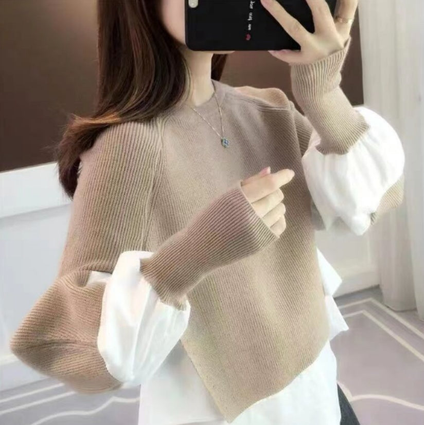 Europe Station Autumn And Winter Women Sweater Splicing Shirt Fake Two-piece Set Of Women Foreign Style Knitted Top Fashion Wholesale