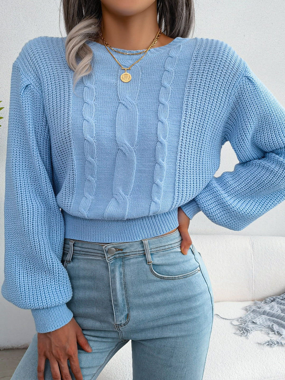 Women Casual Cable Knit Lantern Sleeve Cinched Sweater