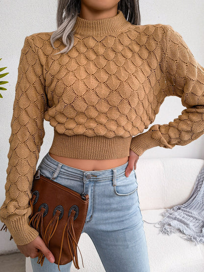 Women 3D Diamond Knit Long Sleeve Cropped Sweater