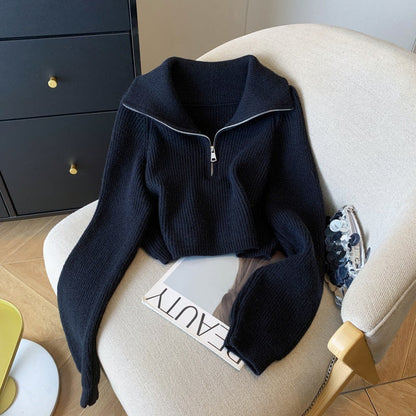 Women's Zipper Sweater Lapel Cropped Sweater Coat