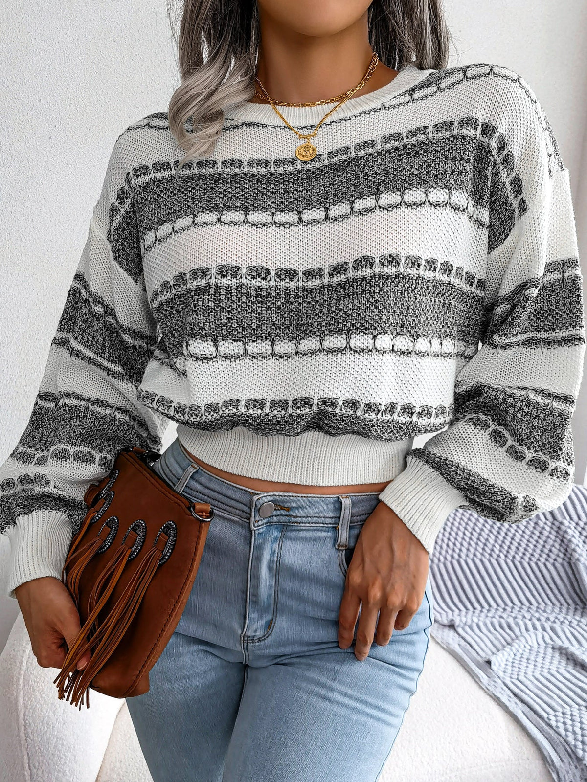 Women Fashion Color Block Long Sleeve Knit Sweater