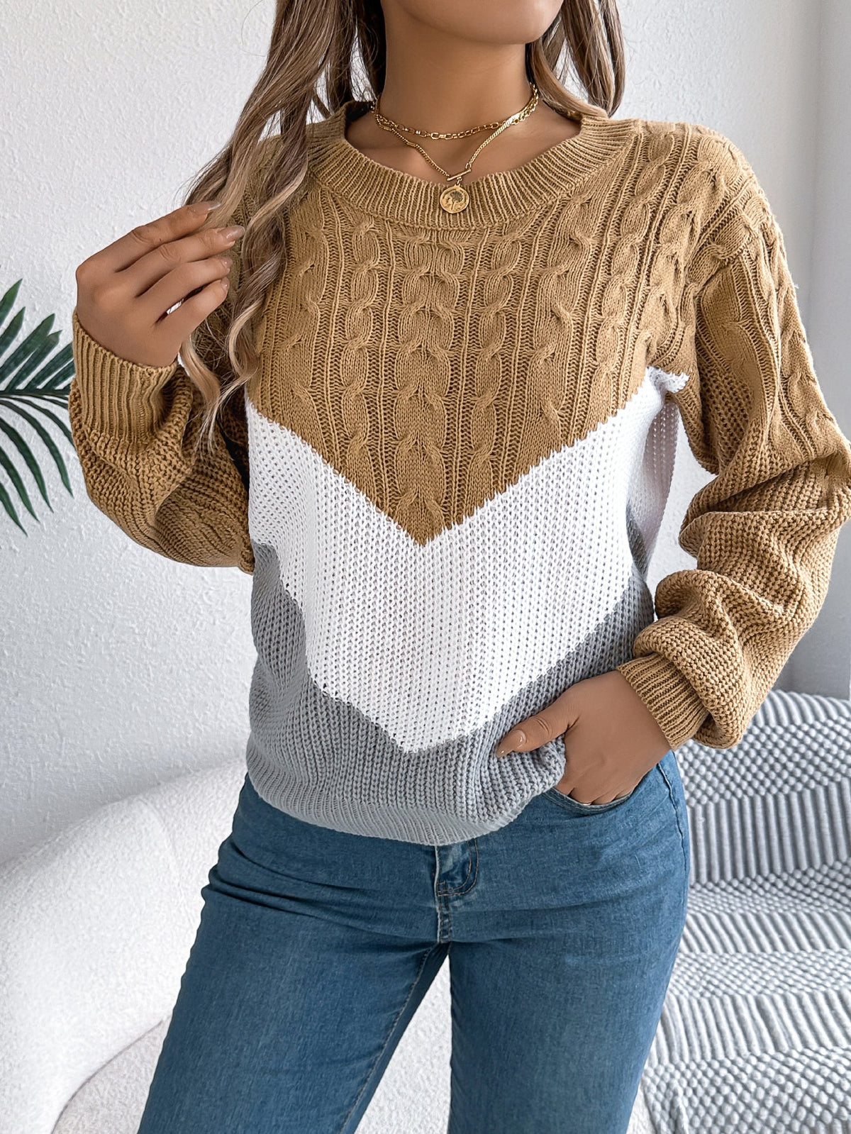 Women Casual Color Block Cable Knit Lantern Sleeve Pullover Sweater