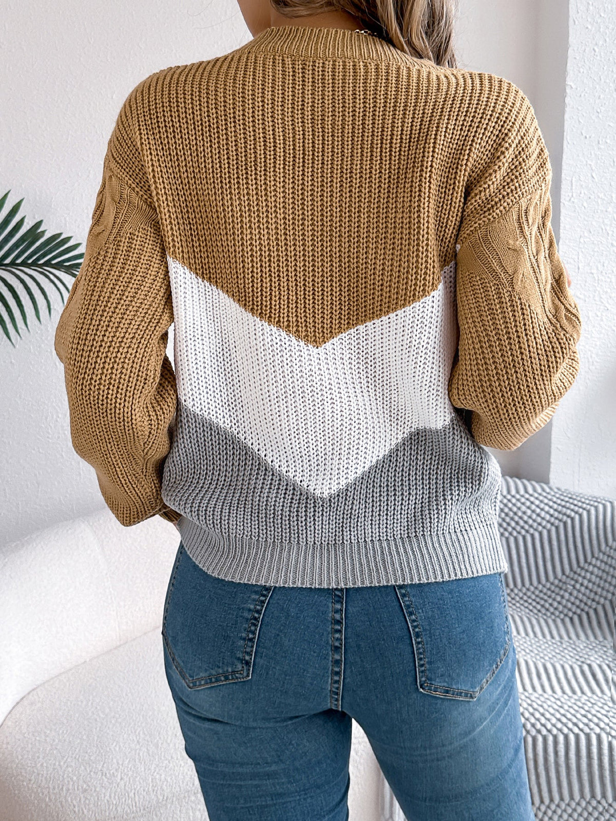 Women Casual Color Block Cable Knit Lantern Sleeve Pullover Sweater