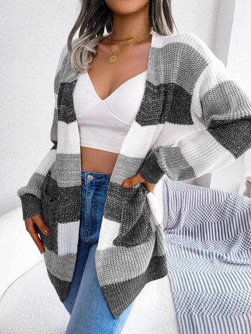 Women Color Block Stripe Lantern Sleeve Casual Cardigan Sweater Coat