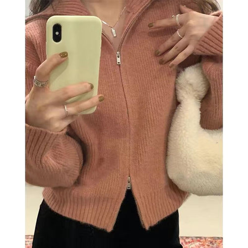 Sweater Small Cardigan Women's Short Preppy Style Stand Collar Zipper Sweater Spring And Autumn Thin Sweater